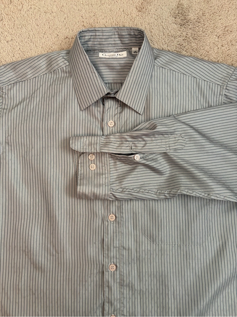 Christian Dior Monsieur Striped Button Up Shirt Silver Shiny Men's Size M 15.5
